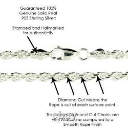 Real Solid Sterling Silver Diamond Cut Rope Chain Mens Boys Bracelet Ou Collier