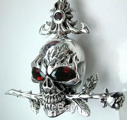Red Eye Skull & Rose Tattoo En Argent Sterling Pendentif Hommes Crâne Collier Bijoux