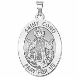 Saint Cono Oval Médaille Religieuse Solide Or Jaune Ou Blanc 14k, Argent Sterling