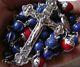 Sterling 925 Silver Lapis Lazuli Perles Rosary Cross Crucifix Catholic Necklace