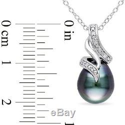 Sterling Silver Diamond 9-10 MM Noir Perle De Tahiti Tourbillonné Collier Pendentif 18