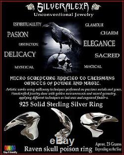 Sterling Silver Raven Crâne D'oiseau Poison Médaillon Anneau Toutes Les Tailles Compartiment Secret